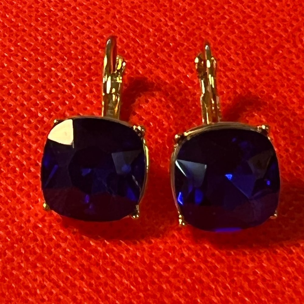 Clear Royal Blue Crystal Gold Tone Leverback Pierced Earrings 0251